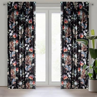 Zasłona gotowa na taśmie ALANI 140x270 Eurofirany czarna ruda motyw botaniczny kwiaty