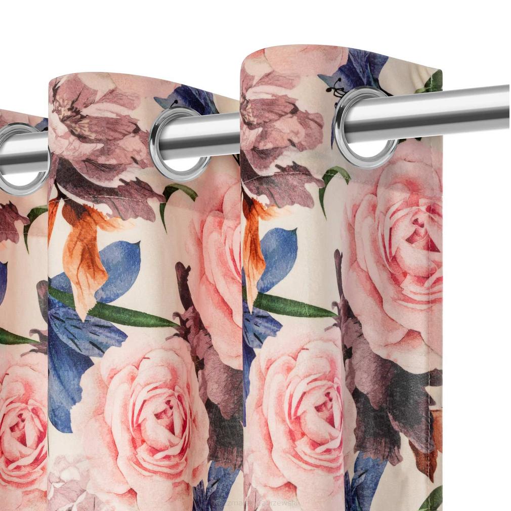 Zasłona gotowa na przelotkach Rose Light 140x250 welurowa kremowa róże