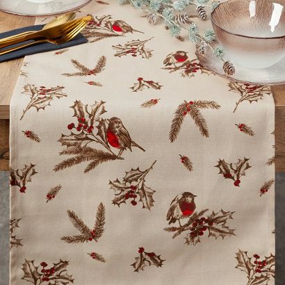 Bieżnik świąteczny MELODY 40x140 Eurofirany beżowy z ptaszkami i ostrokrzewem