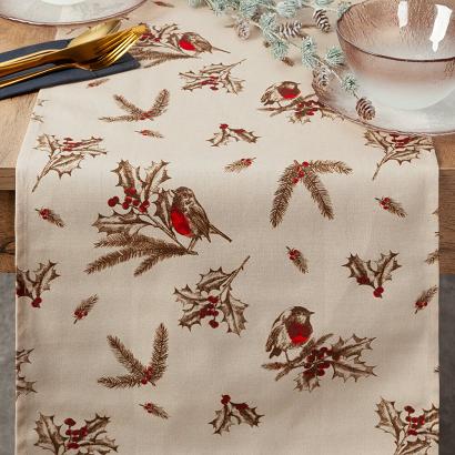 Bieżnik świąteczny MELODY 40x140 Eurofirany beżowy z ptaszkami i ostrokrzewem