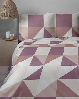 Pościel satynowa Home Satin 160x200 biała w fioletowy różowy geometryczny wzór
