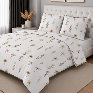 Pościel z perkalu Lamé Percale 160x200 biała beżowa zielona kwiatowe gałązki ozdobna lamówka biza