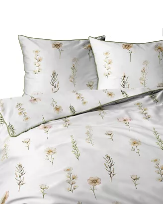 Pościel z perkalu Lamé Percale 160x200 biała beżowa zielona kwiatowe gałązki ozdobna lamówka biza