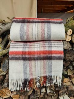 Koc wełniany z frędzlami 100% WEŁNA mała krata terakota ekri brązowa