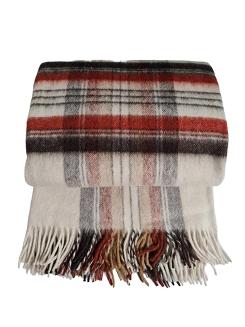 Koc wełniany z frędzlami 100% WEŁNA mała krata terakota ekri brązowa