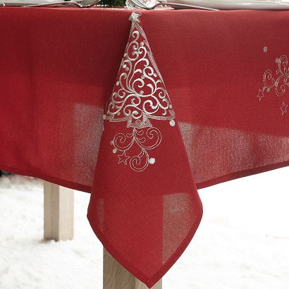 Obrus świąteczny z haftem KLASYCZNE ŚWIĘTA 140x260 czerwony srebrne choinki