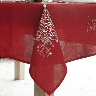 Obrus świąteczny z haftem KLASYCZNE ŚWIĘTA 140x260 czerwony srebrne choinki