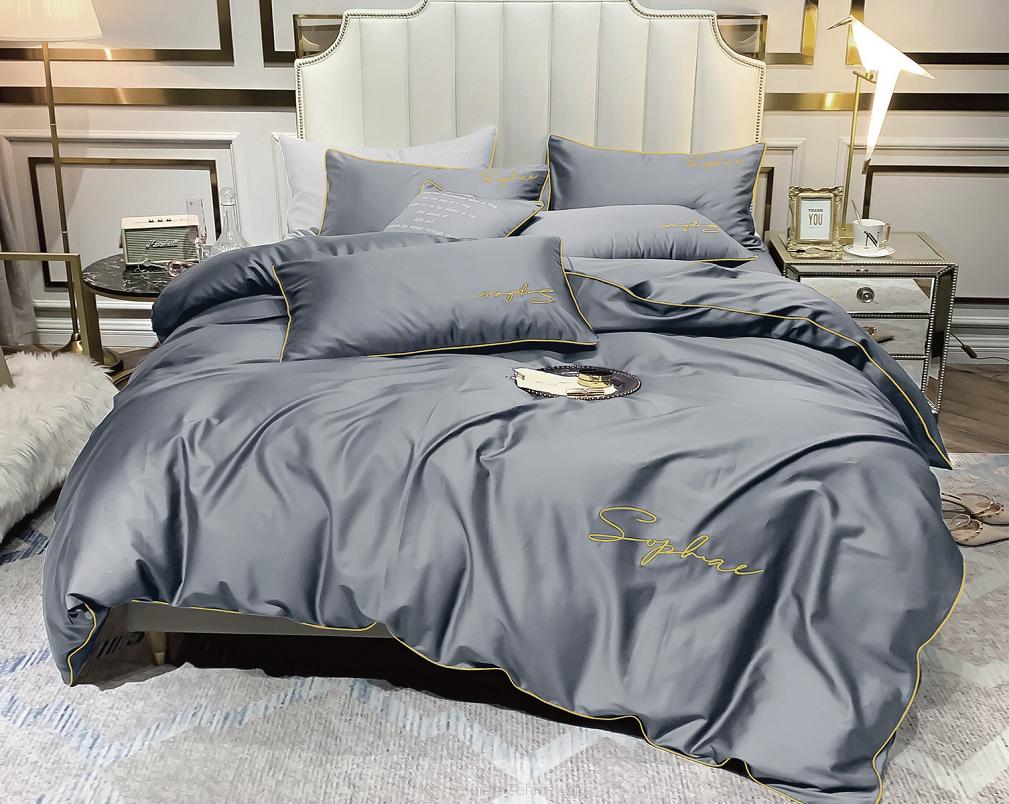 Pościel 200x220 popielata złoty haft satynowa lamówka