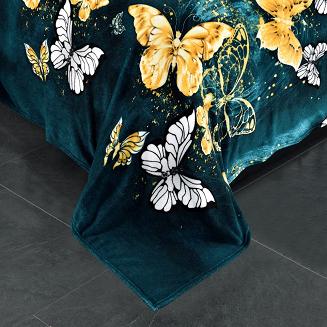 Pościel polarowa z prześcieradłem 160x200 welur ciemnoturkusowa biała złota motyle