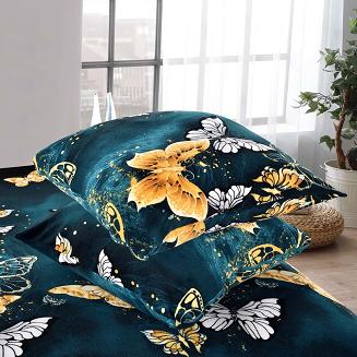 Pościel polarowa z prześcieradłem 160x200 welur ciemnoturkusowa biała złota motyle