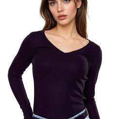 Koszulka damska z długim rękawem z prążkowanej wiskozy Eleonor czarna