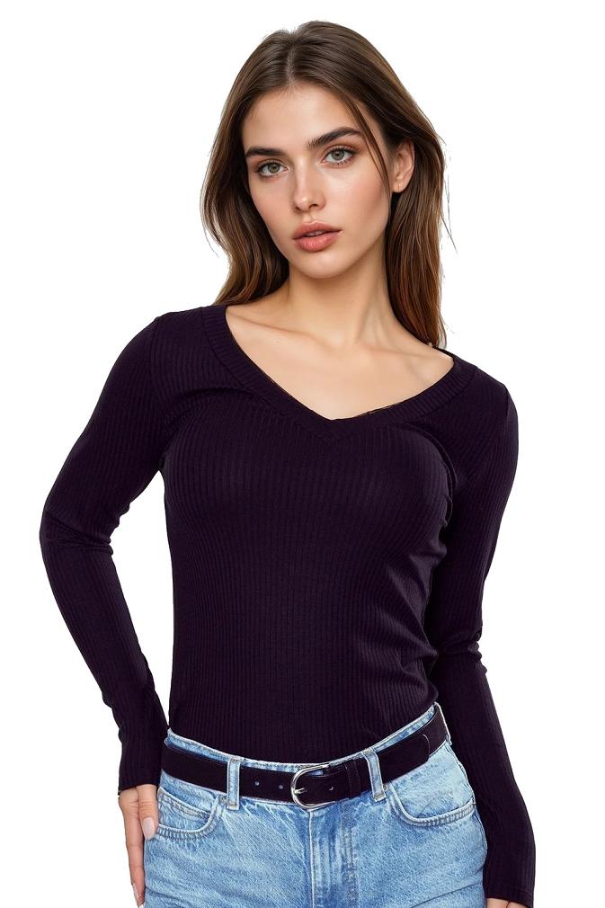 Koszulka damska z długim rękawem z prążkowanej wiskozy Eleonor czarna