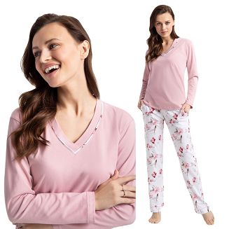 Piżama damska LUNA kod 675 pudrowa różowa / biała różowa beżowa w orientalne kwiaty