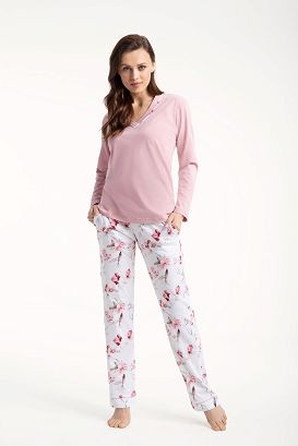 Piżama damska LUNA kod 675 pudrowa różowa / biała różowa beżowa w orientalne kwiaty