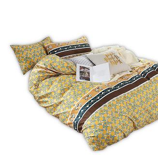 Pościel satynowa 200x220 żółta w geometryczny wzór + szara kratka