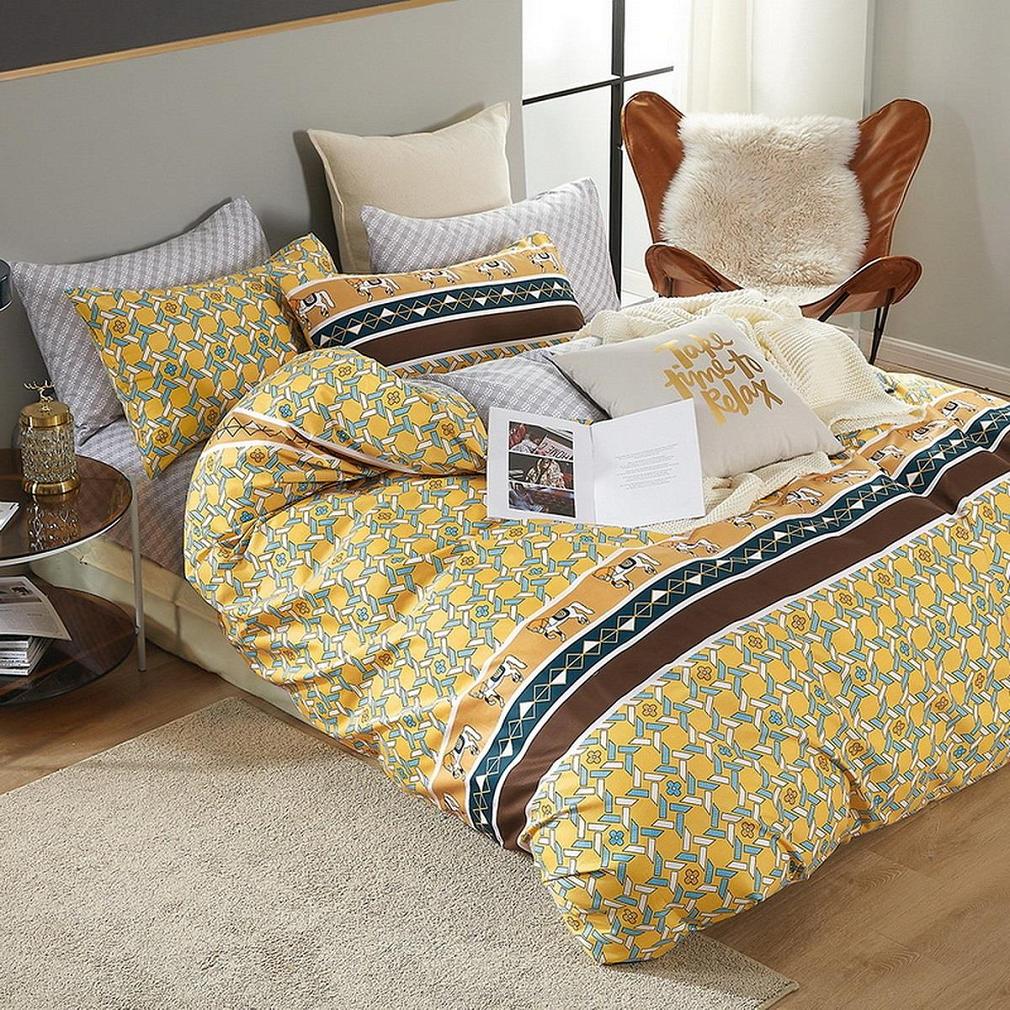 Pościel satynowa 200x220 żółta w geometryczny wzór + szara kratka