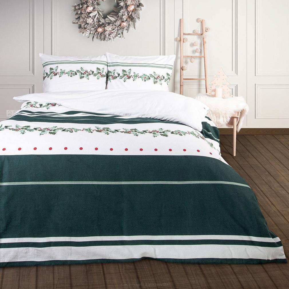 Pościel flanelowa 200x220 Darymex świąteczna biała zielona ostrokrzew
