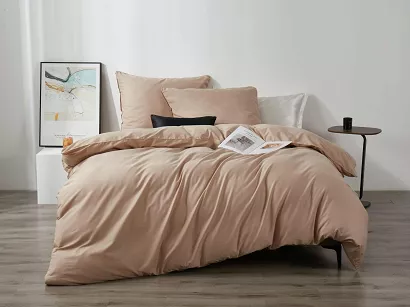 Pościel satyna bawełniana Queen Premium 140x200 beżowa ze złotą lamówką