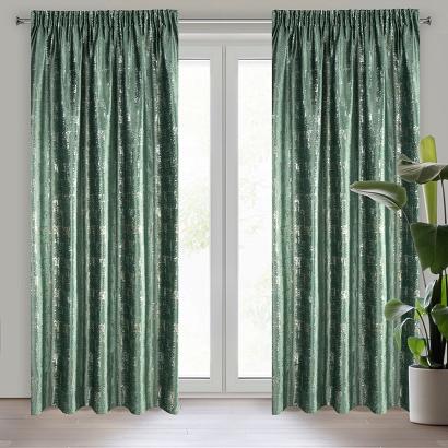 Zasłona gotowa na taśmie VILMA 140x270 Eurofirany ciemnozielona welwetowa ze srebrnym nadrukiem