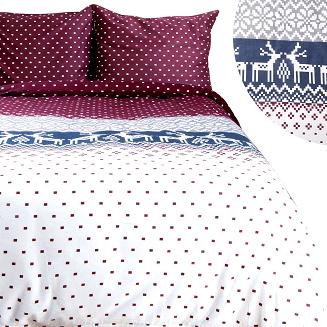 Pościel flanelowa FLANELOVE 180x200 biała bordowa w renifery i groszki