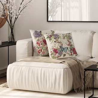 Poszewka dekoracyjna gobelin SPRING Eurofirany naturalna czerwona kwiaty motyle