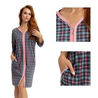 Szlafrok damski LUNA kod 372 granatowy w bordowo-zieloną kratę