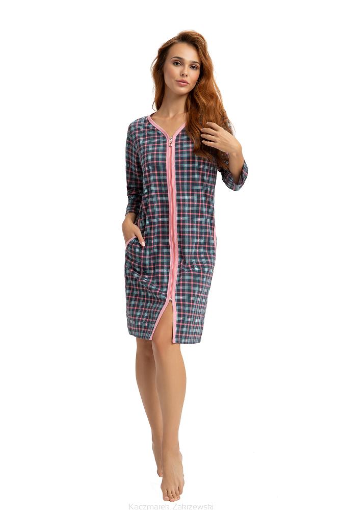 Szlafrok damski LUNA kod 372 granatowy w bordowo-zieloną kratę