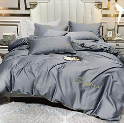 Pościel 160x200 popielata złoty haft satynowa lamówka