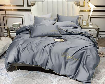 Pościel 160x200 popielata złoty haft satynowa lamówka