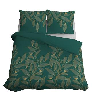 Pościel satynowa 200x220 ciemnozielona złota kwiaty