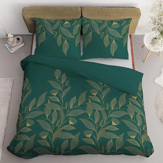 Pościel satynowa 200x220 ciemnozielona złota kwiaty
