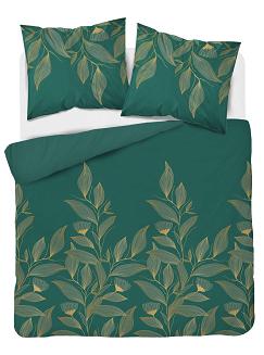 Pościel satynowa 200x220 ciemnozielona złota kwiaty
