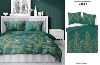 Pościel satynowa 200x220 ciemnozielona złota kwiaty
