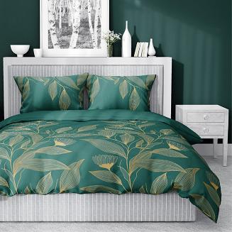 Pościel satynowa 200x220 ciemnozielona złota kwiaty