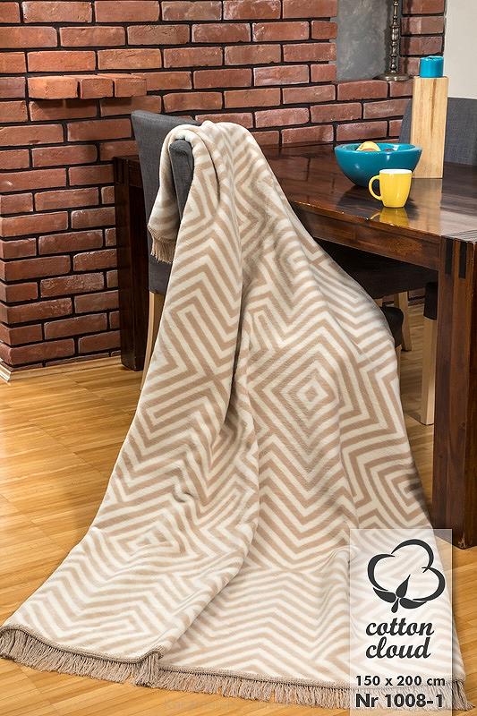 Koc bawełniano-akrylowy 150x200  wzór 1008-1 beżowy kremowy geometria