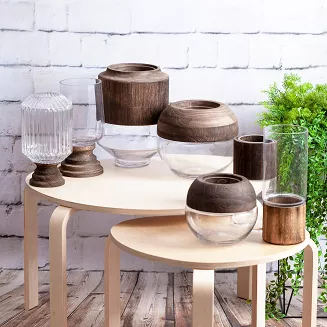 Świecznik dekoracyjny GRACE1 17x34 Eurofirany biały brązowy szkło + drewno