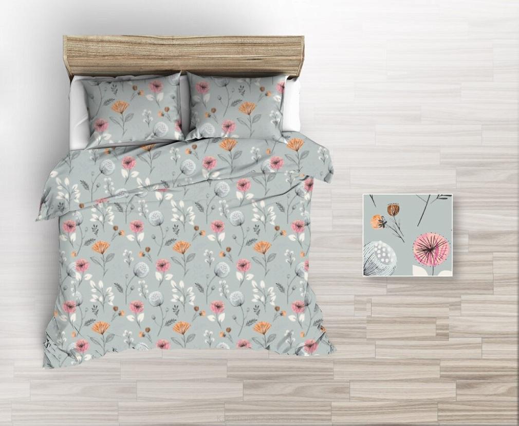 Pościel z kory 220x200 szare różowe pomarańczowe maki na szarym tle