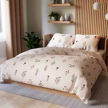 Komplet pościeli DUSORIA z bawełny satynowej 160x200 beżowy w stylizowane kwiatki zioła