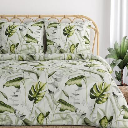 Pościel bawełniana ELLEN 160x200 Eurofirany biała zielona egzotyczne liście monstery