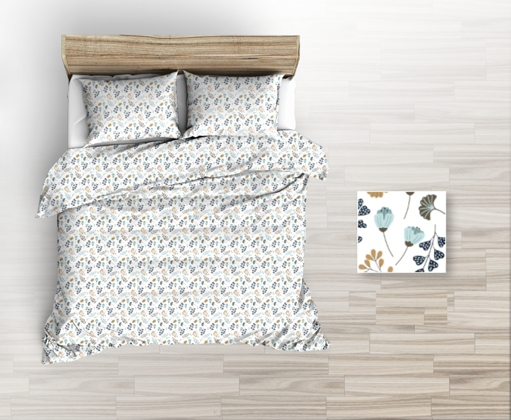 Pościel flanelowa 160x200 wzór niebieskie kwiaty na białym tle