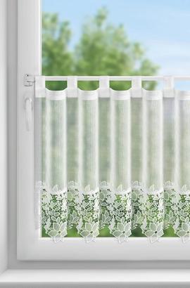 Zazdrostka gotowa na szelkach ARTEMIDA 150x70 Eurofirany biała z etaminy kwiatowa aplikacja na dole