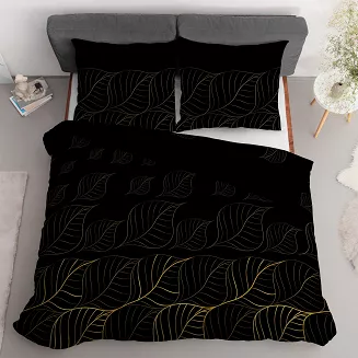 Pościel satynowa 200x220 Home Satin czarna złota listki