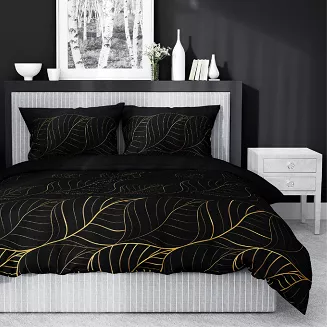 Pościel satynowa 200x220 Home Satin czarna złota listki