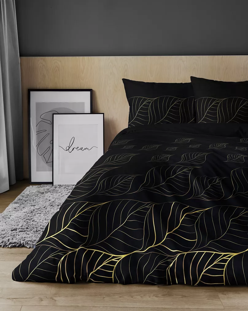 Pościel satynowa 200x220 Home Satin czarna złota listki