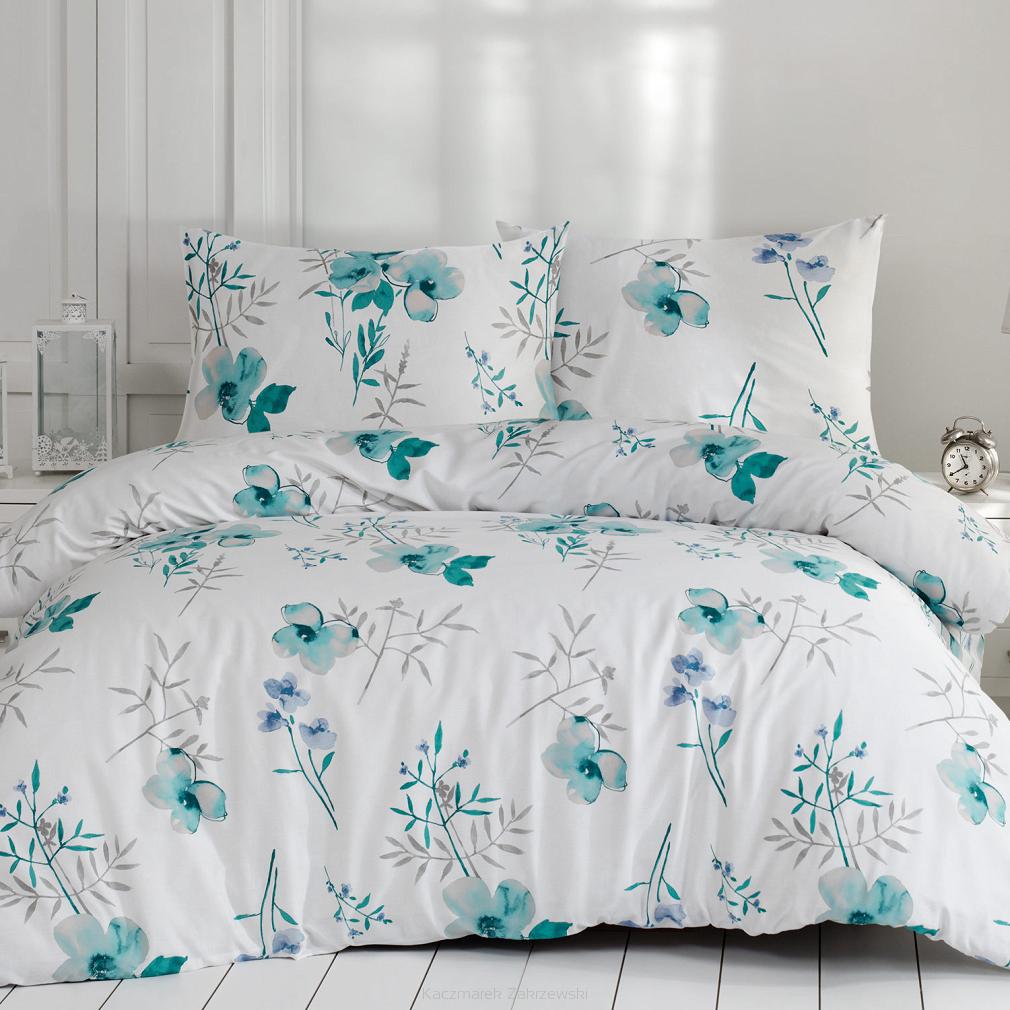 Pościel flanelowa FLANELOVE 160x200 biała w miętowe kwiatki