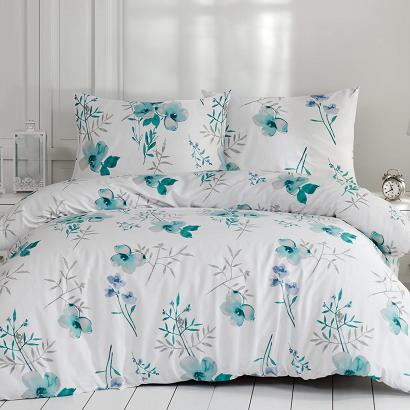 Pościel flanelowa FLANELOVE 160x200 biała w miętowe kwiatki
