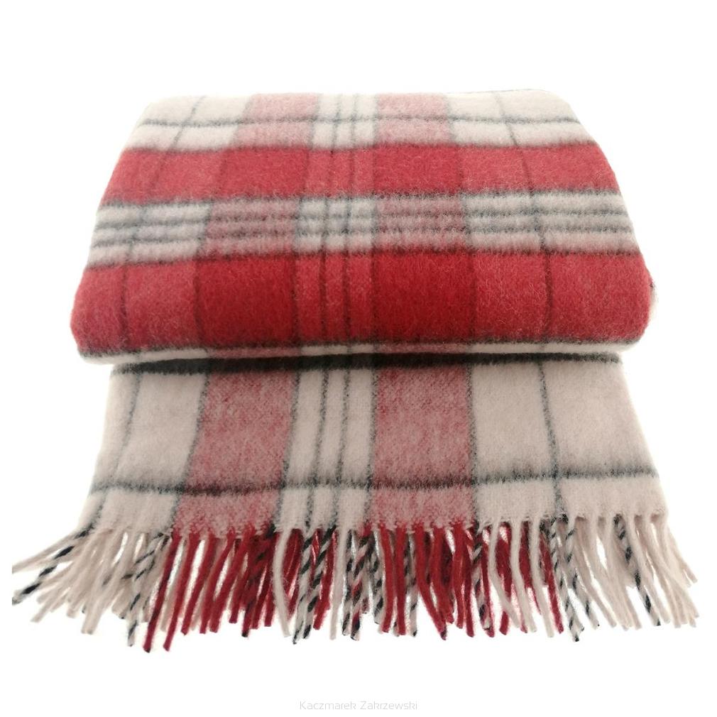 Koc wełniany z frędzlami 100% WEŁNA czerwony