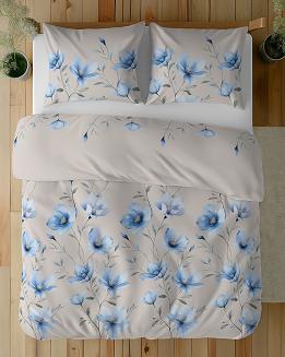 Pościel bawełniana 160x200 Detexpol beżowa w niebieskie kwiaty