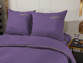Pościel 160x200 fioletowa złoty haft satynowa lamówka