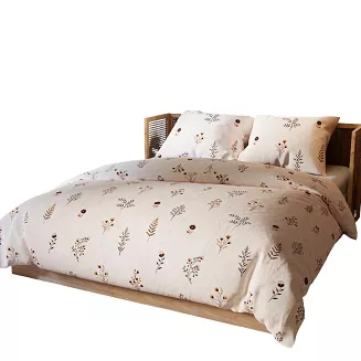 Komplet pościeli DUSORIA z bawełny satynowej 220x200 beżowy w stylizowane kwiatki zioła